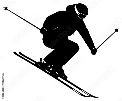 A silhouette of a skier in mid-air, performing a jump with ski poles, black, goggles, jump, man, pole, profile, ski, ski pole, skier, slope, against transparent background