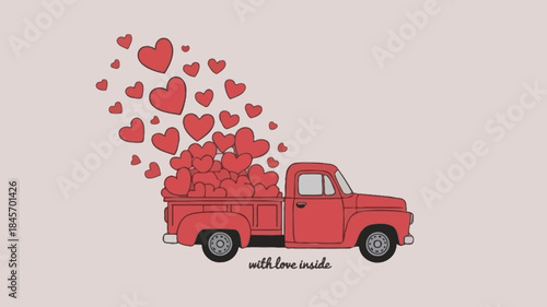 Vintage style flat truck overflowing with red hearts on beige background