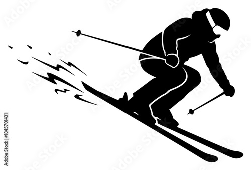 A black and white silhouette of a skier performing a jump, black, illustration, man, pole, profile, ski, ski pole, skier, slope, against transparent background