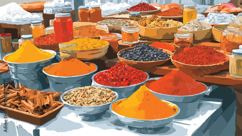 Vibrant Indian Street Market and Colorful Spices Displayed in Flawless Vector Illustration