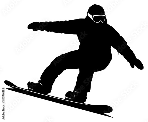 A snowboarder in mid-air, performing a trick on a snowboard, black, goggles, jump, man, profile, ride, snowboard, snowboarder, trick, against transparent background