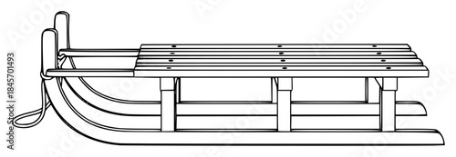 A line drawing of a wooden sled, bench, boat, canoe, icon, illustration, outline, park bench, sleigh, against transparent background