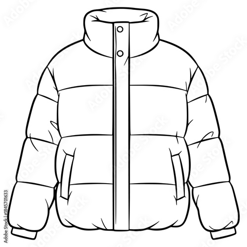 A line drawing of a puffer jacket, coat, illustration, jacket, pocket, zipper, against transparent background
