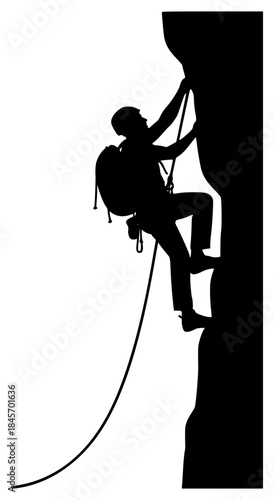 A silhouette of a rock climber scaling a cliff with a rope, cliff, climb, climber, man, profile, rock climber, rock climbing, rock face, rope, stone, up, woman, against transparent background