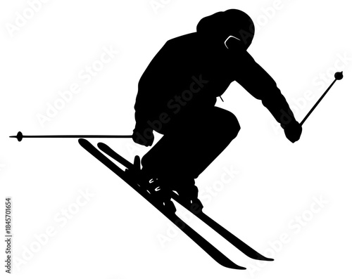 A silhouette of a skier in mid-air, performing a jump with ski poles, black, jump, man, person, pole, profile, ski, ski pole, skier, trick, against transparent background