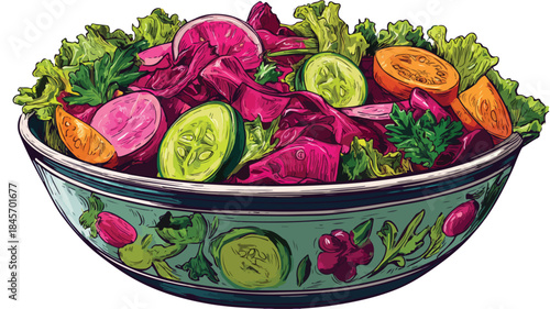 Vibrant Salad Bowl Loaded with Fresh Veggies Vector Illustration
