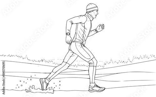 A line drawing of a man running in a winter setting, wearing a beanie and running gear, illustration, jog, man, marathon, puddle, run, runner, sketch, against transparent background
