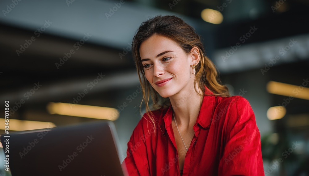 Fototapeta premium Cheerful Businesswoman In Red Shirt Working On Laptop In Modern Office: A Beautiful And Engaging Professional At Work