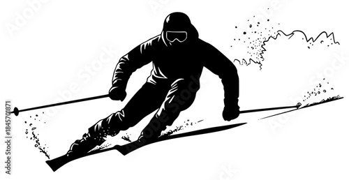 A silhouette of a skier in action, skiing down a hill, black, illustration, jump, man, pole, powder, profile, ski, skier, slope, against transparent background
