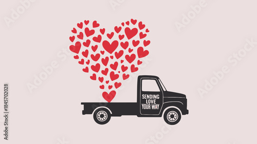 Flat design truck with overflowing hearts on side panel reads sending love your way on gray