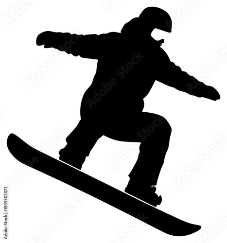 A snowboarder silhouette in mid-air, performing a trick, black, jump, man, profile, ride, snowboard, snowboarder, trick, against transparent background