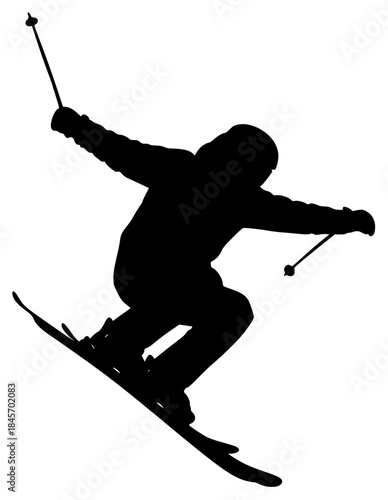 A silhouette of a skier jumping in mid-air, holding ski poles, black, jump, man, person, pole, profile, ski, ski pole, skier, snowboarder, trick, against transparent background