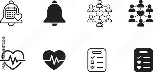 Essential modern vector icon set featuring notification alert reminder community health and checklist elements for web and mobile apps design
