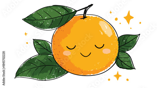 Cute Vector Illustration of Winking and Smiling Orange with Leaf