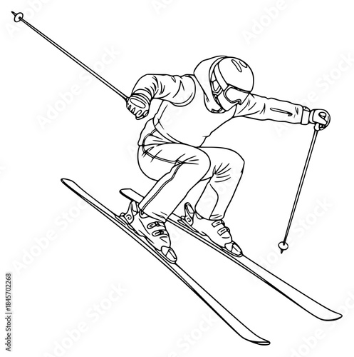A line drawing of a skier in mid-air, wearing ski gear and holding ski poles, goggles, illustration, man, pole, ride, ski, ski pole, skier, slope, against transparent background