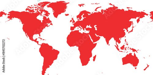 World map, red continents, black background, global view
