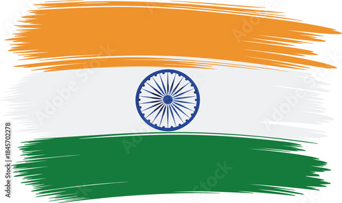 Brush stroke flag of India illustration, saffron, white, green stripes, Ashoka Chakra, national identity symbol vector