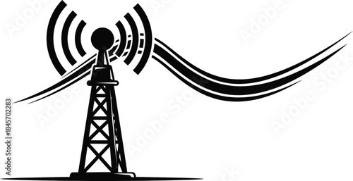 Solid black outline of vintage radio antenna waving signal, retro communication line vector