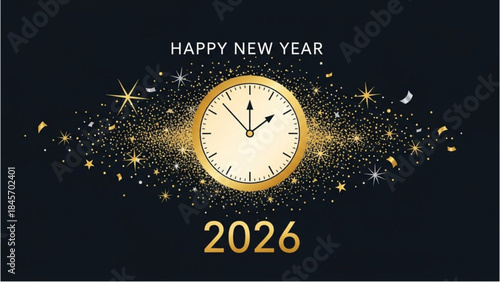 Happy New Year 2026 greeting card with a countdown clock for the New Year.