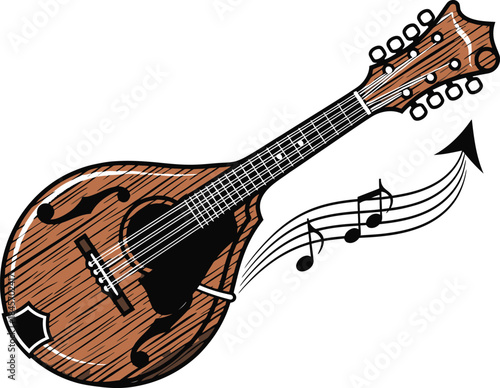 Outline of mandolin pear shape eight strings tuned, acoustic music line vector in solid wood grain accents, bluegrass icon