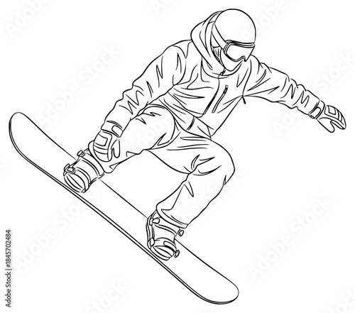 A snowboarder in action, wearing a hoodie and goggles, in a line drawing style, goggles, illustration, jump, man, ride, snowboard, snowboarder, trick, against transparent background