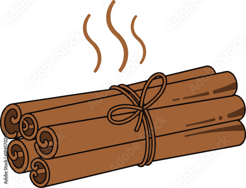 Outline of cinnamon stick bundle tied twine string, spice aroma line vector in solid brown bark accents, baking ingredient graphic