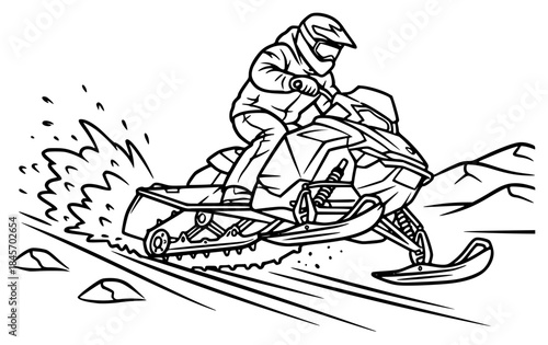 A snowmobile racer in action, depicted in a line drawing style, hill, illustration, man, person, ride, ski slope, skier, sleigh, snow, snowmobile, against transparent background