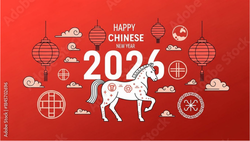Happy New Year 2026 illustration for the Chinese New Year of the Horse.