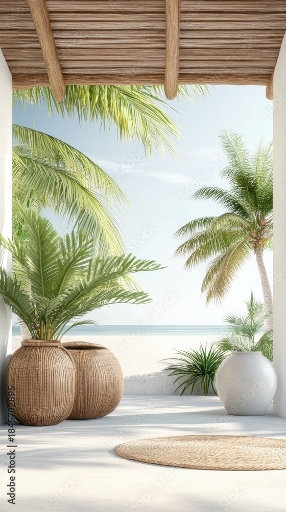 Fototapeta premium Tropical terrace with palm trees, woven pots, and ocean view.