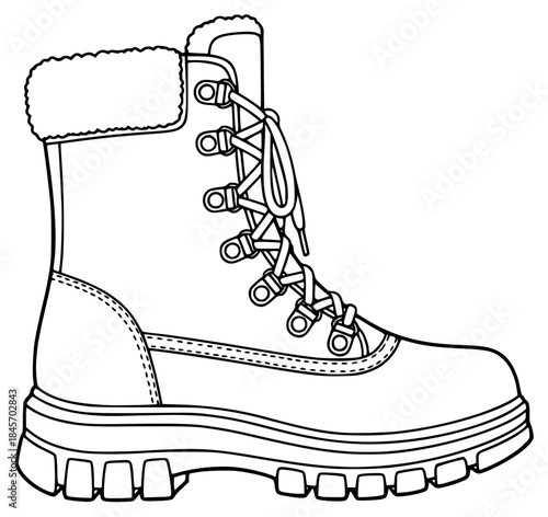 A line drawing of a pair of winter boots, boot, hiking boot, illustration, shoe, against transparent background