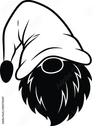 Black outline of garden gnome hat tilted forward, whimsical decor line vector in solid beard accents, yard ornament graphic