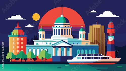 Vector illustration of Helsinki, Finland, showcasing iconic landmarks and cityscape in a colorful design..eps