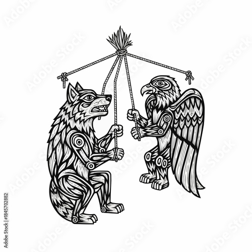 Detailed monochrome illustration of a stylized tribal wolf and eagle pulling ropes, showcasing symbolic animal conflict and balance.