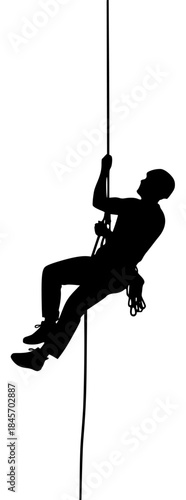 A silhouette of a man climbing a rope, climb, climber, hang, hook, man, person, pole, profile, rock climber, rock climbing, rope, against transparent background