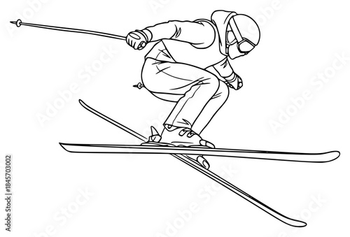 A line drawing of a skier performing a jump in the air, goggles, illustration, jump, man, pole, ski, skier, slope, trick, against transparent background