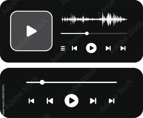Minimalist Media Player Interface Vector Set, Audio Video Playback Controls and Sound Wave Display Design