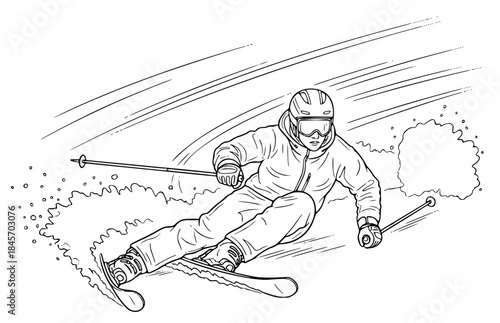 A line drawing of a skier in action, skiing down a snowy hill, goggles, hill, illustration, man, ride, ski, ski slope, skier, slope, snow, against transparent background