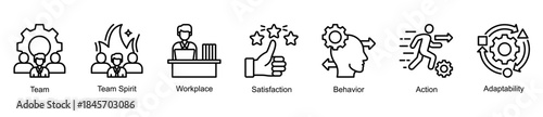 Team and workplace culture web banner icon vector illustration for organizational harmony with team spirit, behaviour, action, workplace, satisfaction, and adaptability icons.