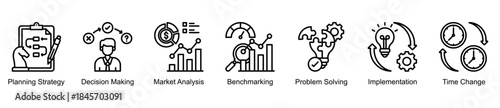 Strategy and decision-making web banner icon vector illustration for business management with planning strategy, benchmarking, problem solving, implementation, and decision-making icons.