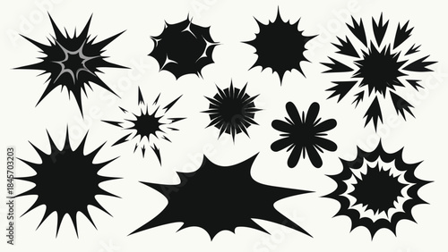 A series of comic book explosion shapes in black and white, illustrating energetic bursts and impactful visuals..eps