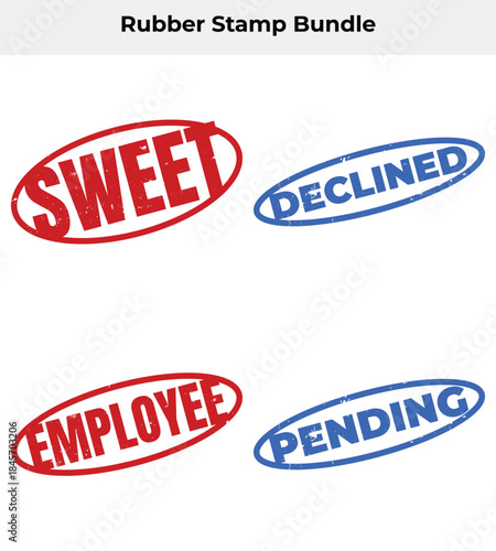 Four Grunge Rubber Stamps; Sweet, Declined, Employee, and Pending on White