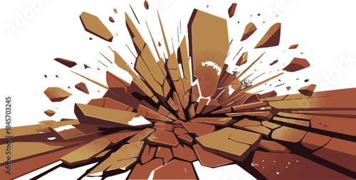 Exploding ground background with flying fragments, abstract burst of brown earth, impact or collapse illustration