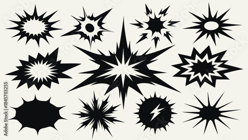 A collection of black and white comic book explosion shapes in various sizes and styles, conveying dynamic action..eps