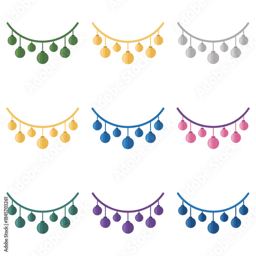 Colorful Christmas garland string light illustration set with hanging bulbs festive holiday decoration elements flat vector design