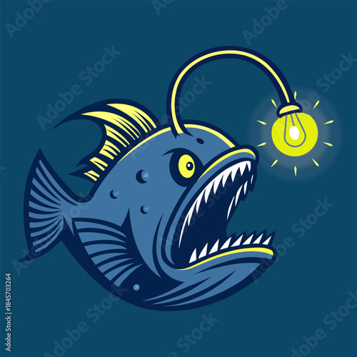 Aggressive Anglerfish Mascot Logo Vector Illustration. Deep Sea Fish, Monster, E-Sport and Gaming Team Emblem Design.