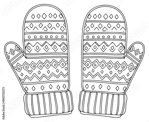 A pair of mittens with a geometric pattern., baseball glove, black, design, draw, glove, illustration, ornament, pattern, sock, against transparent background