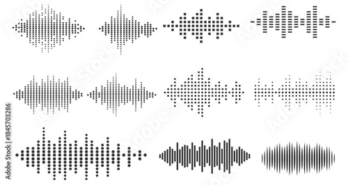 Podcast sound waves. Audio wave forms line, sound wave frequency or voice microphone signals. Music, podcast and broadcast and audio branding design.