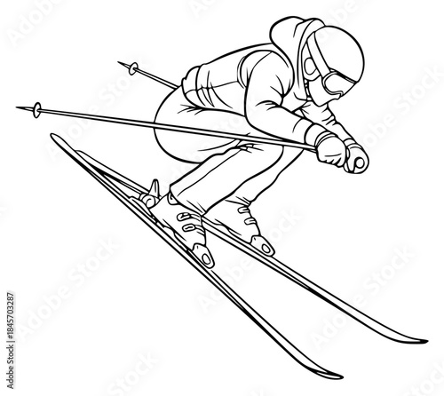 A line drawing of a skier in action, skiing down a hill, goggles, illustration, jump, man, ski, skier, slope, against transparent background