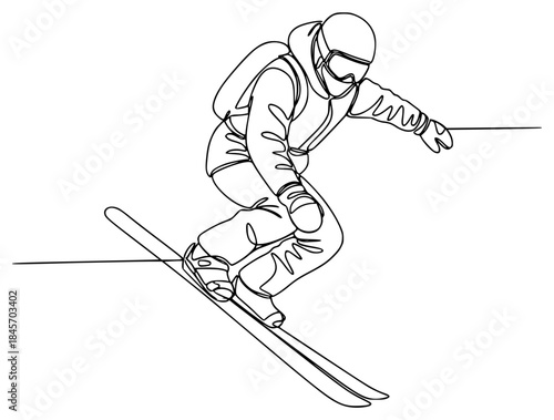 A line drawing of a skier performing a jump on skis, goggles, illustration, jump, man, ride, ski, skier, slope, snowboarder, trick, against transparent background