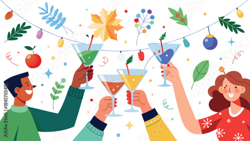 Several individuals raise their glasses of wine and champagne, enjoying a joyful moment at a social event..eps